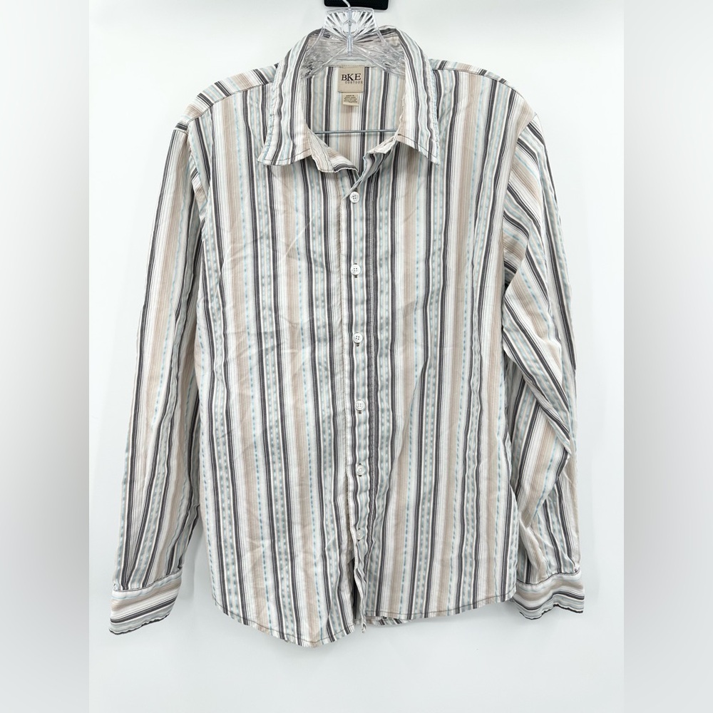 BKE Contour Men's Button Down Long Sleeve Striped Shirt Size Medium Tan/Blue